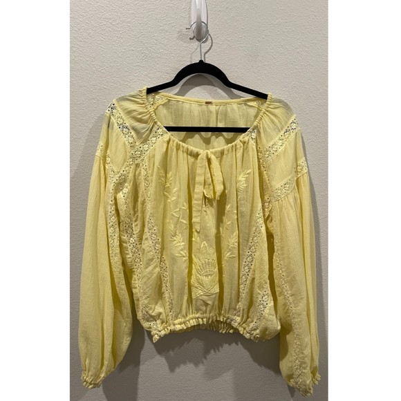 FREE PEOPLE Boho Floral Crochet Maria Lace Yellow Blouse - Picture 3 of 7